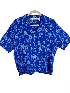 Irka Vintage 100% Silk Blue Novelty Print Short Sleeve Button Up Shirt Size 8